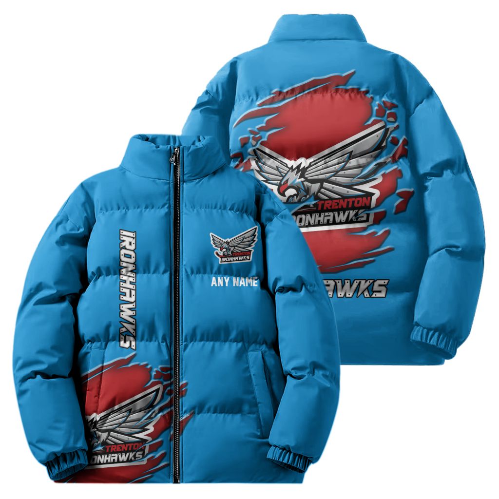 ECHL Trenton Ironhawks Personalized Name Stand Collar Puffer Jacket Design ST2501